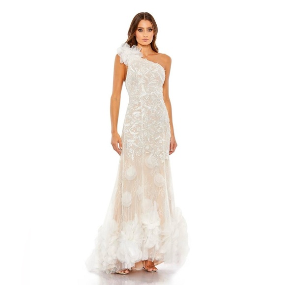 Mac Duggal 11300 NWOT Beaded Strappy One Shoulder Petal Mermaid Gown - Picture 3 of 10